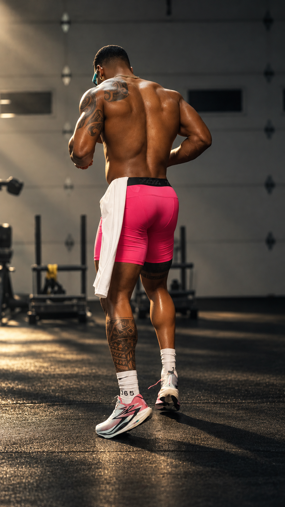 Rear view of pink 365 fitted shorts in the gym