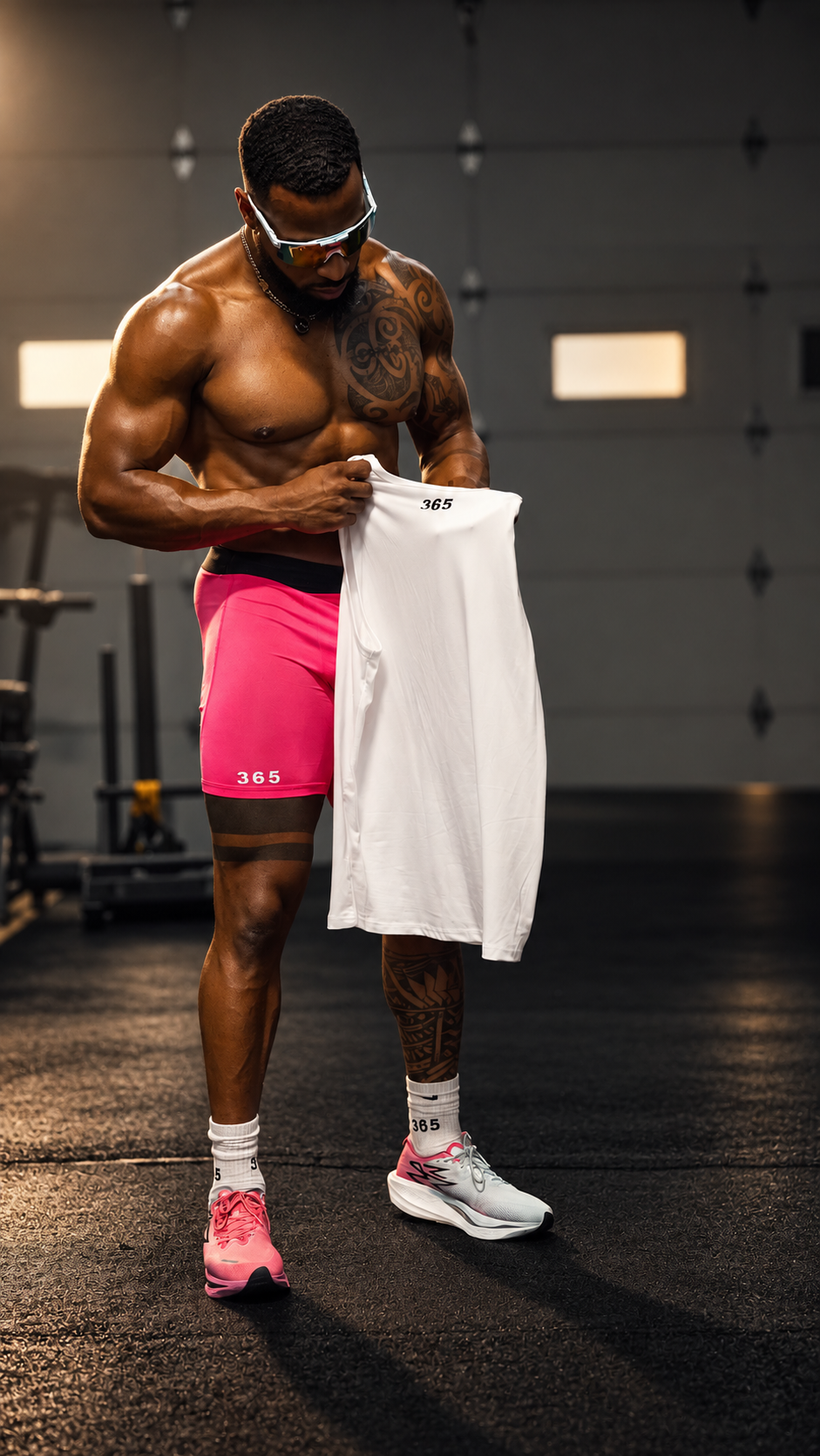 Athlete in pink 365 fitted shorts holding a white tank top
