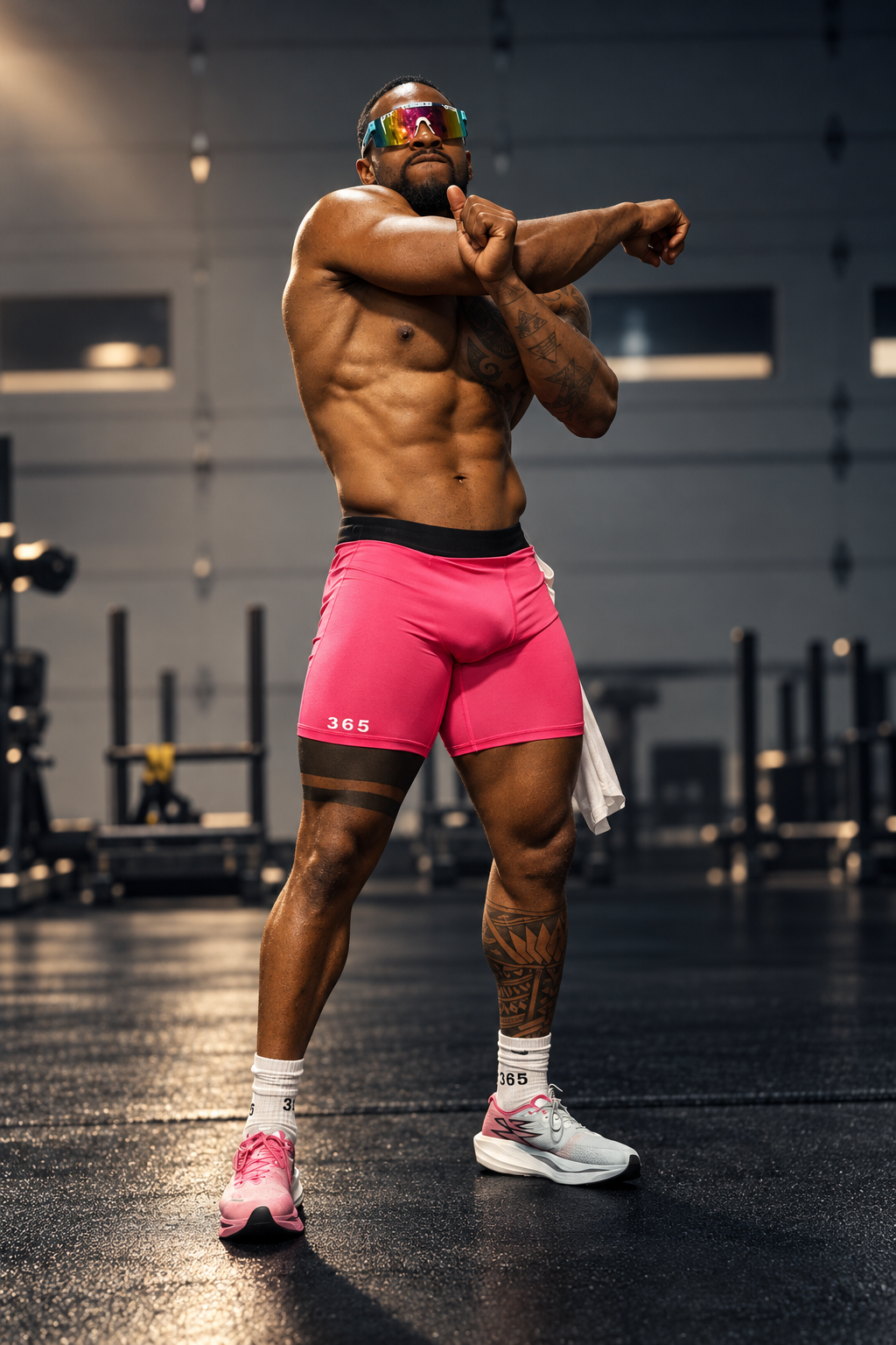 Athlete stretching in pink 365 fitted shorts